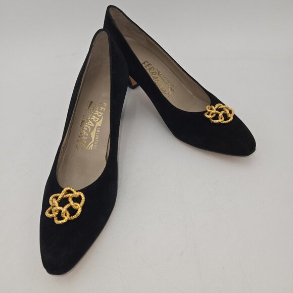 Vintage Salvatore Ferragamo Women Shoes Black Suede Heel Gold Flower 6.5 AA Edie - Picture 1 of 11